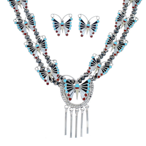 Zuni Sterling Silver Multicolor Butterfly Necklacke And Earrings Set AX127537